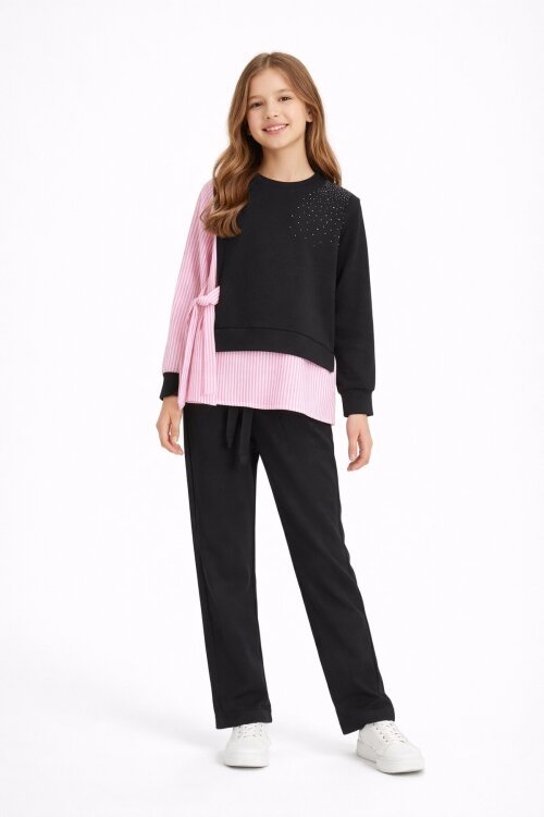 Siyah Çizgi Desenli Taş Detaylı Bluzlu Kız Çocuk Kuşaklı Pantolonlu 2li Takım 23746