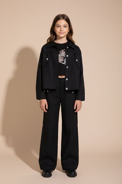 Siyah Düğme Detaylı Keten Gömlekli Pantolonlu Kız Çocuk 3lü Takım 23494