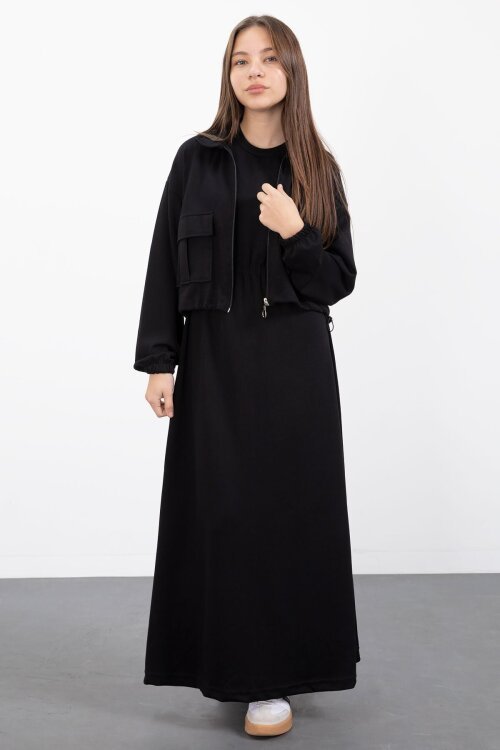 Siyah Fermuarlı Crop Ceketli Sıfır Kol Kız Çocuk Elbise Takımı  23409