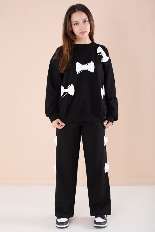 Siyah Fiyonklu İnci Detaylı Kız Çocuk Bisiklet Yaka 2li Eşofman Takımı 21205