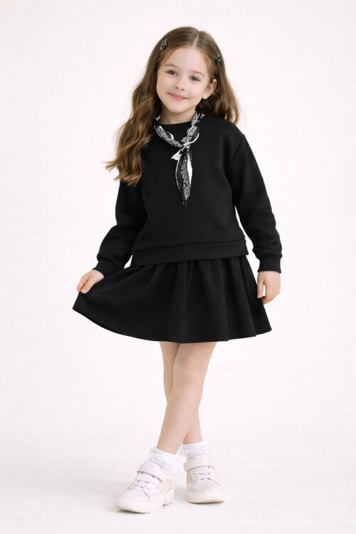 Siyah Fular Detaylı Badili Etekli Kız Çocuk 2li Takım  23532