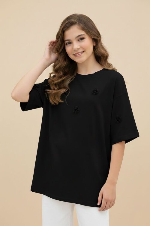Siyah Gül Nakış Detaylı Kısa Kol Kız Çocuk Oversize Tişört 20805