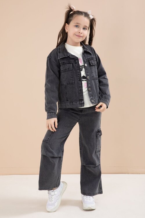 Siyah Jean Ceketli Kargo Cepli  Pantolonlu Kız Çocuk Badili 3lü Alt Üst Takım 23613