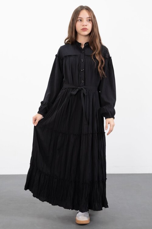 Siyah Kolları Büzgülü Kuşaklı Kız Çocuk Uzun Elbise  23398