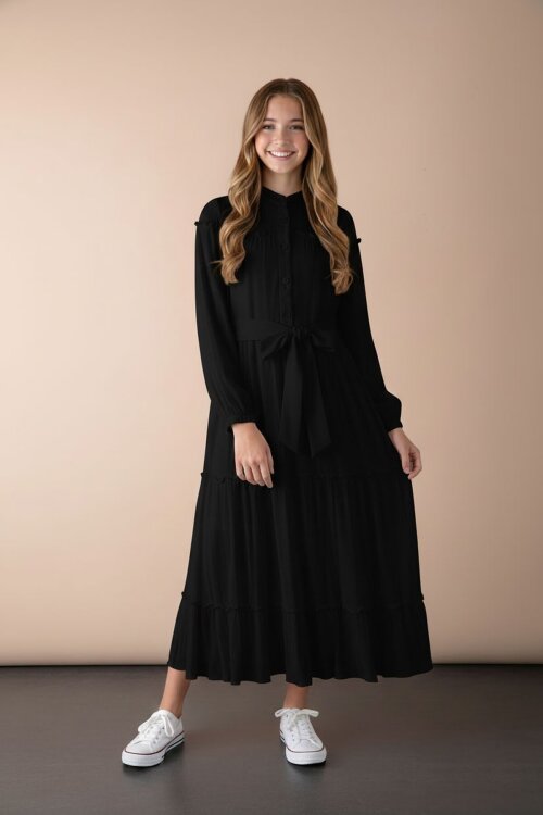 Siyah Kolları Büzgülü Kuşaklı Kız Çocuk Uzun Elbise  23398