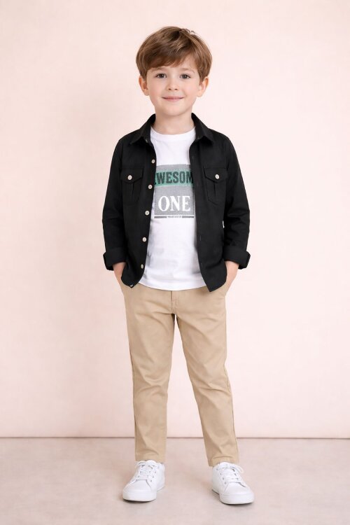 Siyah Uzun Kol Düğmeli Gömlekli Tişörtlüi Erkek Çocuk 3lü Pantolonlu Takım  23755