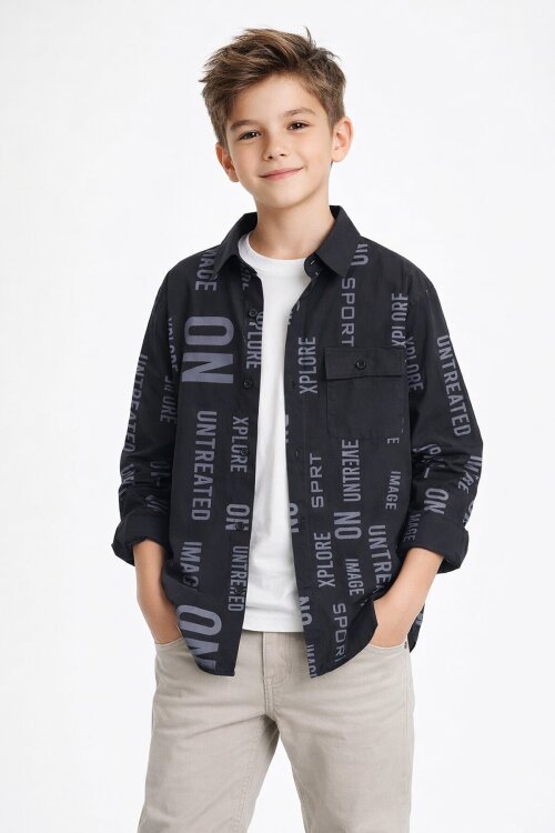 Siyah Yazı Baskılı Gömlek Beyaz Tişörtlü Erkek Çocuk 2li Takım 20136