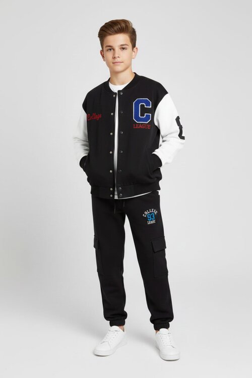 Siyah Yazı Nakışlı Kolej Ceketli Erkek Çocuk Eşofman Takımı 21222