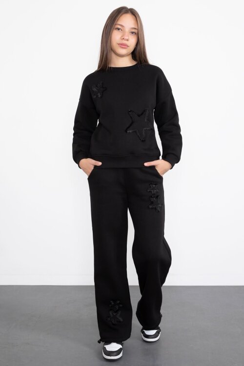 Siyah Yıldız Desenli Geniş Paça Şardonlu Kız Çocuk Eşofman Takımı 23361