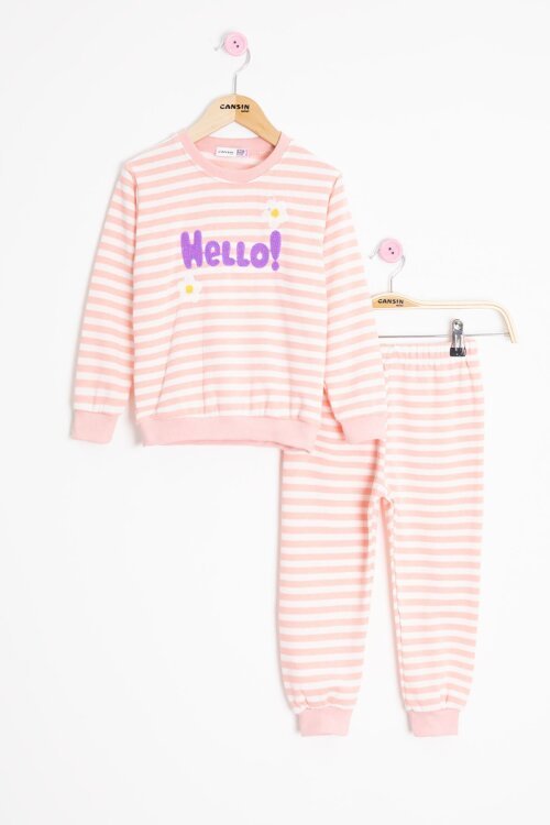 Somon Papatya Nakışlı Çizgili Kız Çocuk Takım 23352