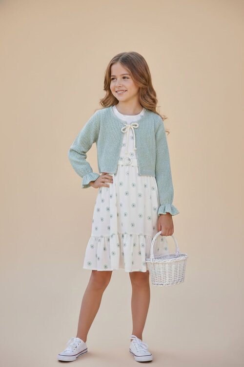 Yeşil Bolerolu Çiçek Desenli Kuşaklı Kız Çocuk Elbise Takımı  23505