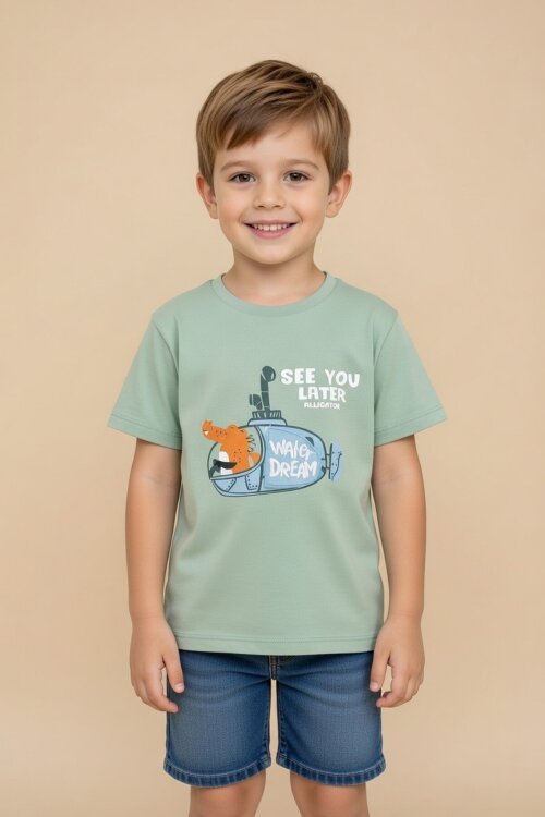 Yeşil Denizaltı Baskılı Erkek Bebek Kısa Kol Tişört 20938