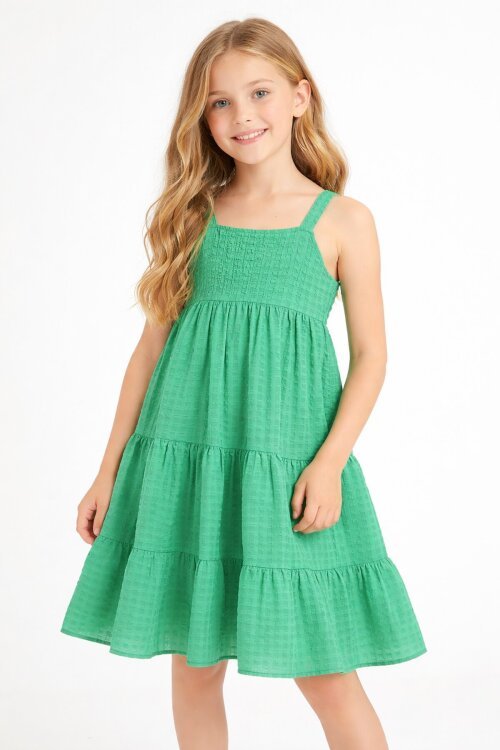 Yeşil Desenli Kız Çocuk Askılı Elbise 19146