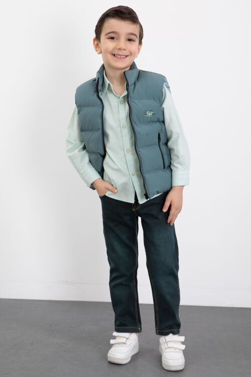 Yeşil Şişme Yelekli Gömlekli Erkek Çocuk 3lü Pantolonlu Takım 23471