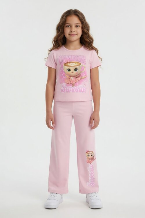 Açık Pembe Ballerin Baskılı Geniş Paça Taytlı Kız Çocuk 2li Takım  23800