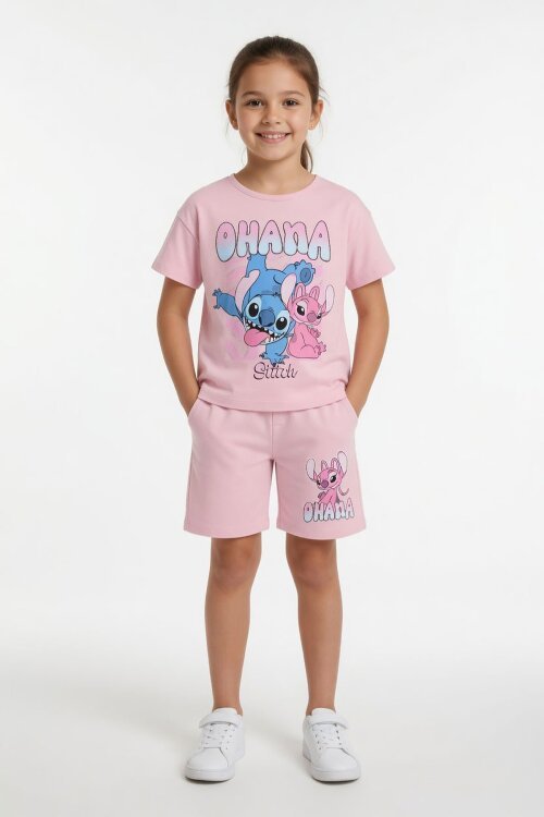 Açık Pembe Simli Karakter Baskılı Tişörtlü Kız Çocuk Şortlu 2li Takım 23920