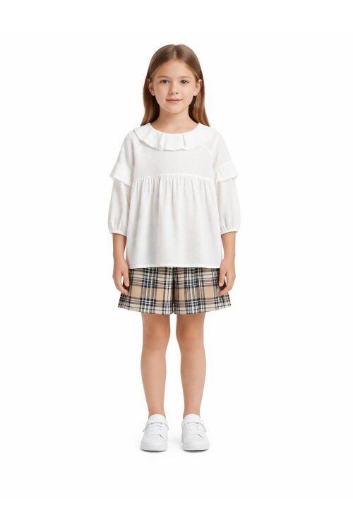 Bej Ekose Desenli Şort Etekli Gömlekli Kız Takım 17977