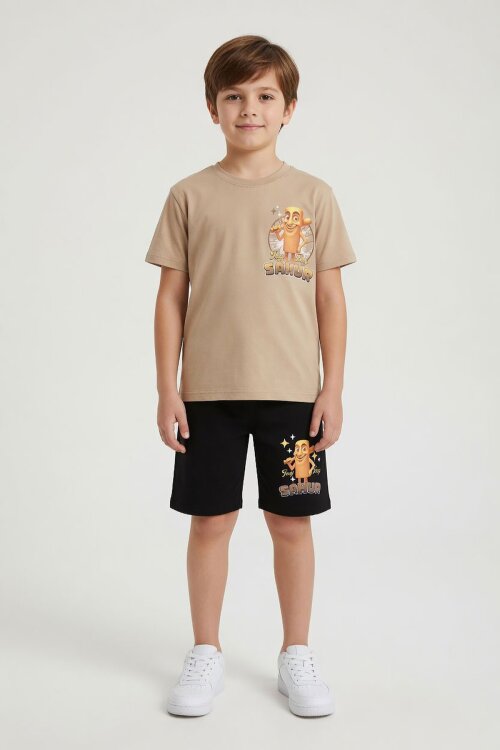 Bej Erkek Çocuk Bisiklet Yaka Tişörtlü Şortlu 2li Baskılı Takım 24001