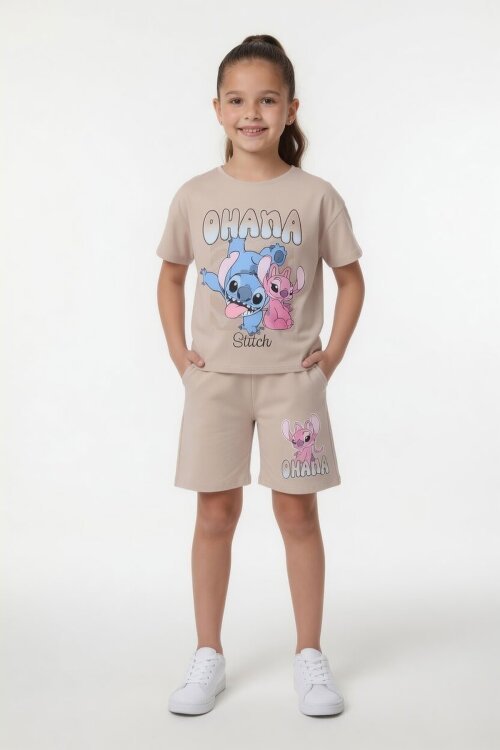 Bej Simli Karakter Baskılı Tişörtlü Kız Çocuk Şortlu 2li Takım 23919
