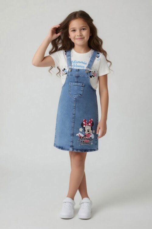 Ekru Çiçekli Minnie Desenli Badili Jean Salopetli Kız Çocuk Takım 24091
