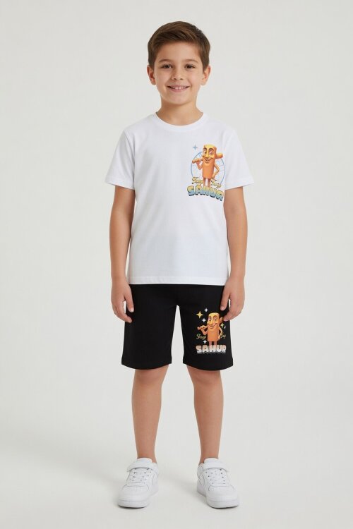 Ekru Erkek Çocuk Bisiklet Yaka Tişörtlü Şortlu 2li Baskılı Takım 24002