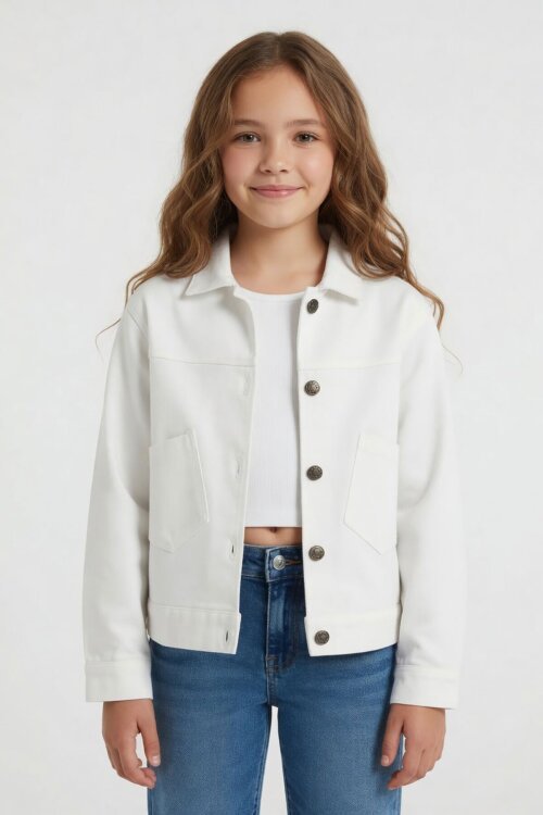 Ekru Sırtı Düğme Detaylı Kız Çocuk Gabardin Kumaş Ceket 23570