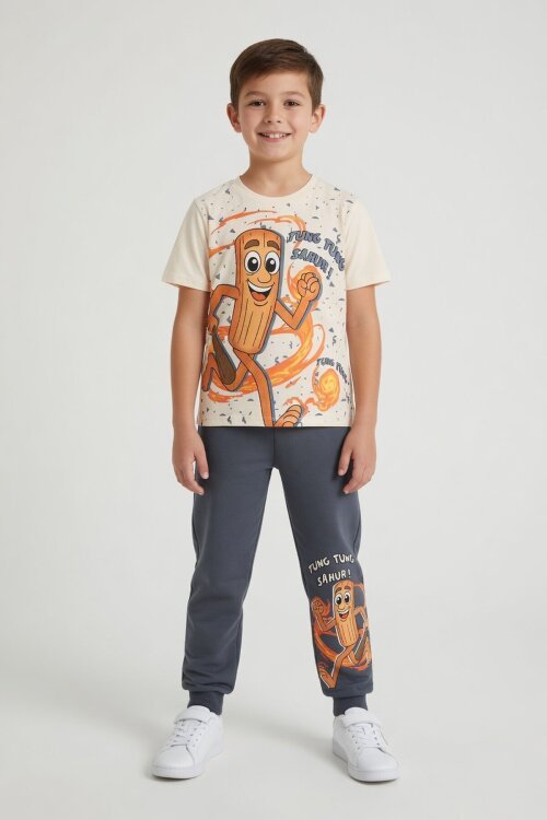 Füme Baskılı Bisiklet Yaka Tişörtlü Beli Lastikli Erkek Çocuk 2li Takım 23888