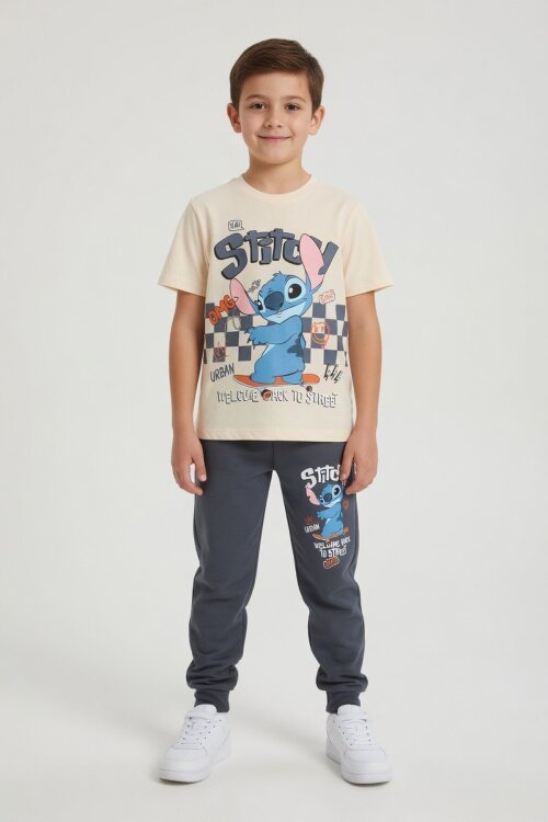 Füme Çizgi Karakter Baskılı Tişörtlü Erkek Çocuk Eşofman Takımı 23903