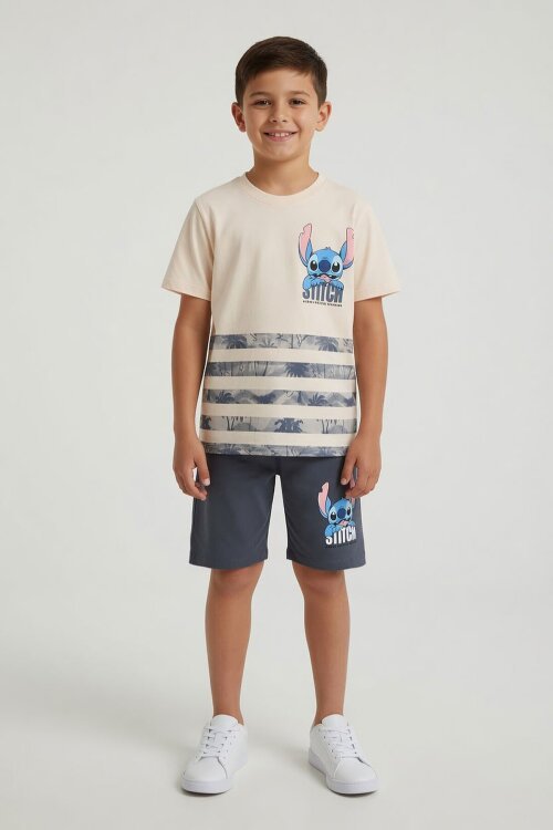 Füme Palmiye Desenli Çizgili Tişörtlü Erkek Çocuk Şortlu 2li Takım 23933