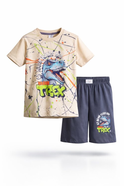 Füme T-rex Baskılı Yazılı Erkek Çocuk Şortlu Takım 18710