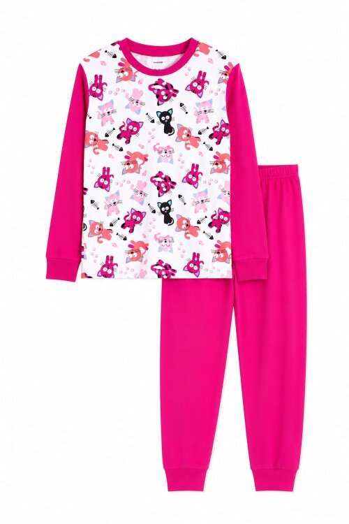 Fuşya Kedi Desenli Kız Çocuk Pijama Takımı 22767