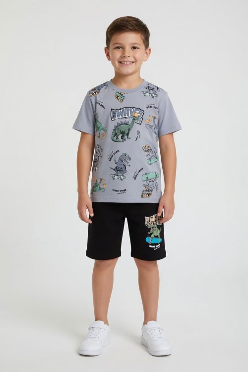 Gri Dinozor Desenli Bisiklet Yaka Erkek Çocuk 2li Şortlu Takım 23925