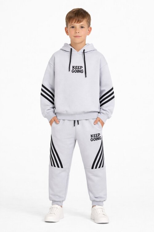 Gri Erkek Çocuk Keep Going Yazılı Şeritli Erkek Çocuk Kapüşonlu Eşofman Takımı 23418