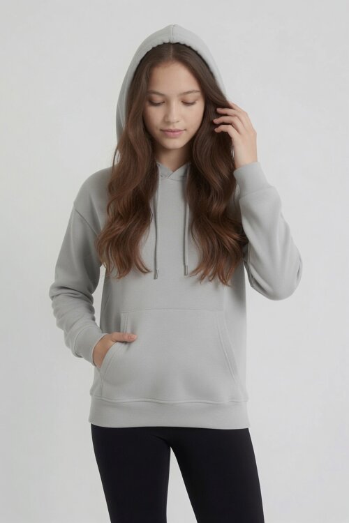 Gri Kız Çocuk Kanguru Cepli Şardonlu Kapüşonlu Sweatshirt 24692