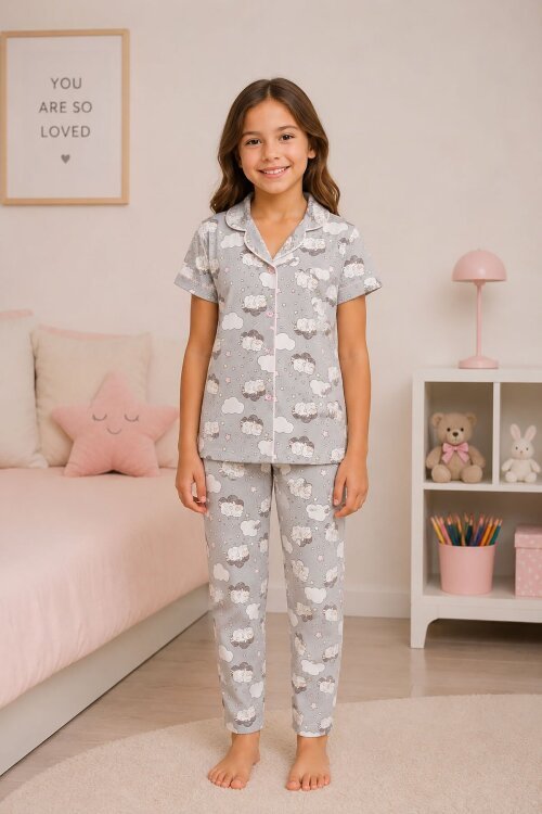 Gri Kuzu Desenli Kısa Kollu Kız Çocuk Göz Bantlı Pijama Takımı 20594