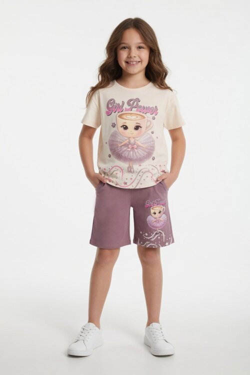 Gül Kurusu Balerin Desenli Tişörtlü Kız Çocuk Şortlu 2li Takım 23880
