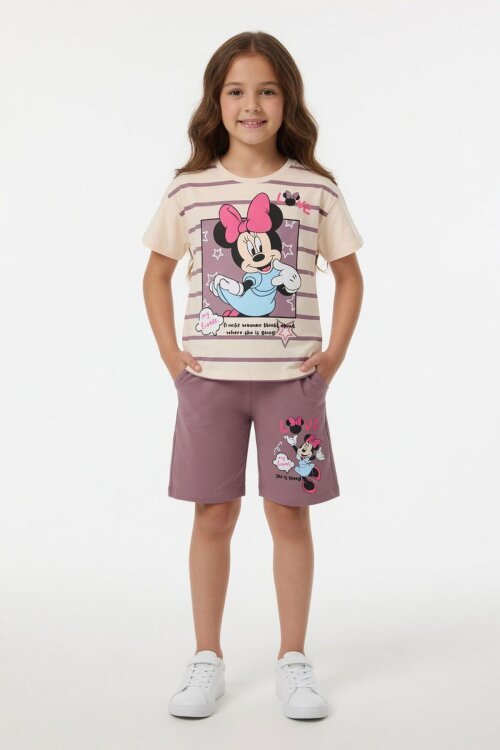 Gül Kurusu Çizgi Desenli Karakter Baskılı Kız Çocuk Tişörtlü Şortlu Takım 23870