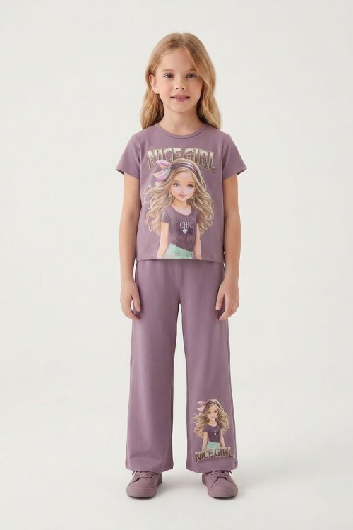 Gül Kurusu Kız Karakter Baskılı Geniş Paça Pantolonlu 2li Kız Çocuk Takım 23804