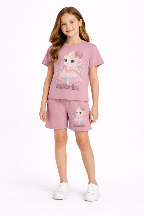 Gül Kurusu Sevimli Capuccina Baskılı Kız Çocuk Şortlu 2li Takım 23891
