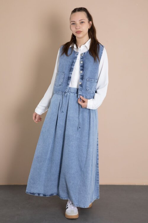 Mavi Jean Etekli Sıfır Kol Yelekli Kız Çocuk Gömlekli 3lü Takım 23916