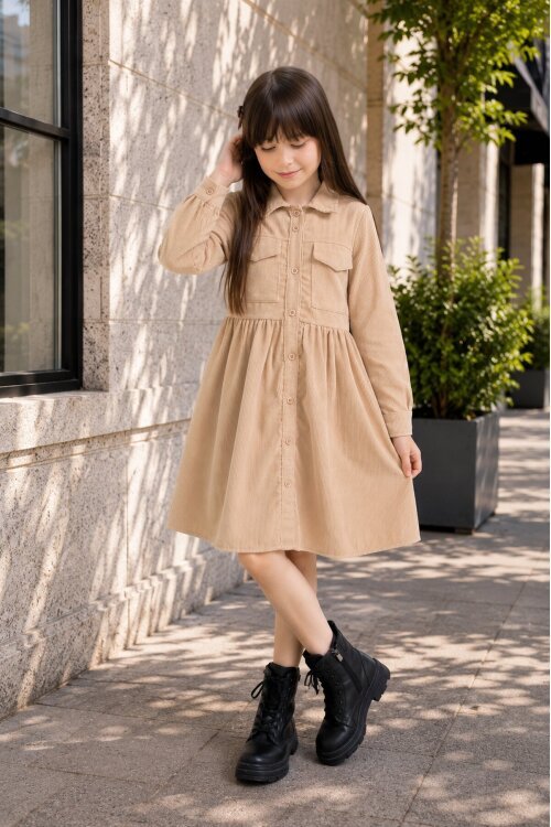 Kahverengi Kız Çocuk Cep Detaylı Kadife Desenli Elbise 21548