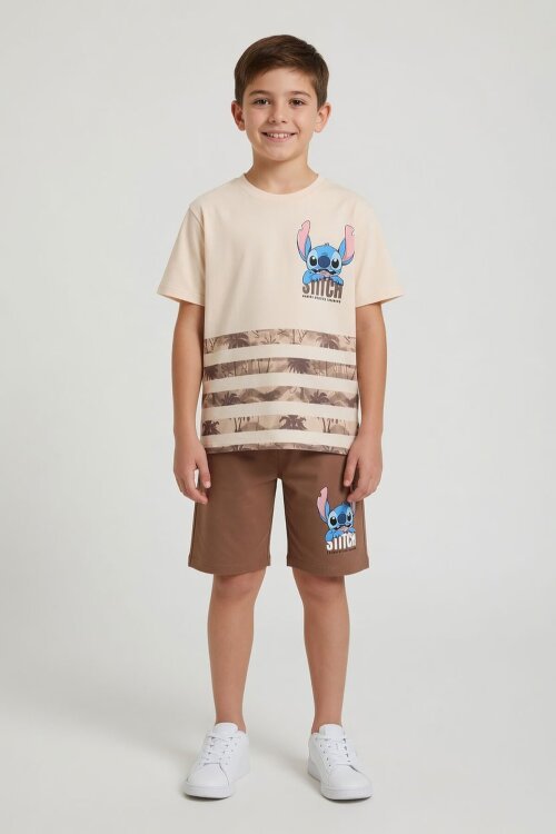 Kahverengi Palmiye Desenli Çizgili Tişörtlü Erkek Çocuk Şortlu 2li Takım 23932