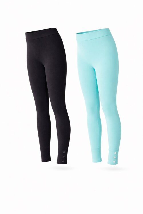 Kız Çocuk Paçası Düğme Detaylı 2li Düz Tayt Siyah-Su Yeşili 18205