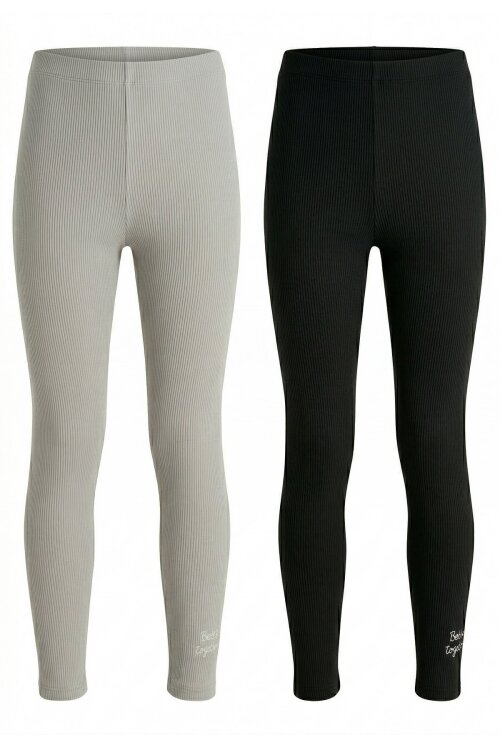 Kız Çocuk Yazı Nakışlı Fitilli Karşkorse 2li Tayt Siyah-Gri 18274