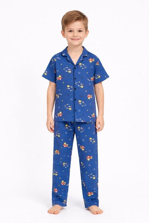 Lacivert Araba Desenli Düğmeli Erkek Çocuk Kısa Kol Pijama Takımı 23823