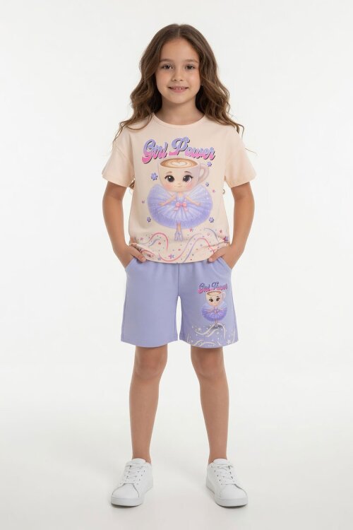 Lila Balerin Desenli Tişörtlü Kız Çocuk Şortlu 2li Takım 23879