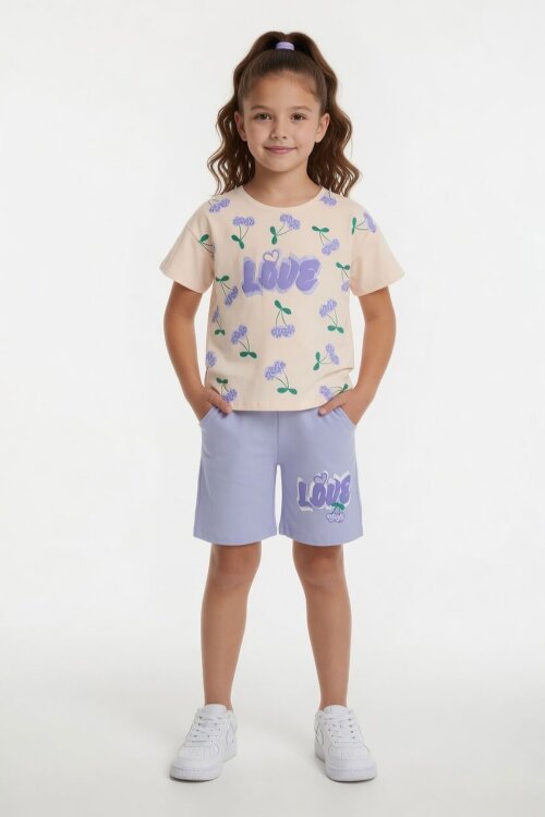 Lila Kiraz Desenli Love Yazılı Tişörtlü Kız Çocuk Şortlu Takım 23898