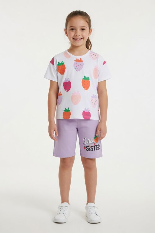 Lila Meyve Desenli Tişörtlü Kız Çocuk Şortlu Yazlık Takım 23828