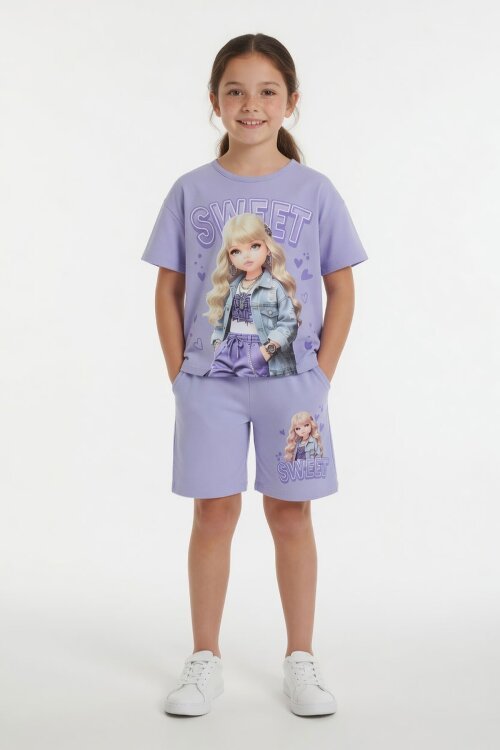 Lila Sweet Yazılı Karakter Baskılı Kız Çocuk Şortlu 2li Takım 23994