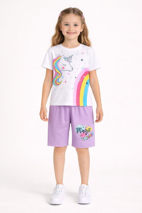 Lila Unicorn Baskılı Simli Kız Çocuk Tişörtlü Şortlu Takım 23795
